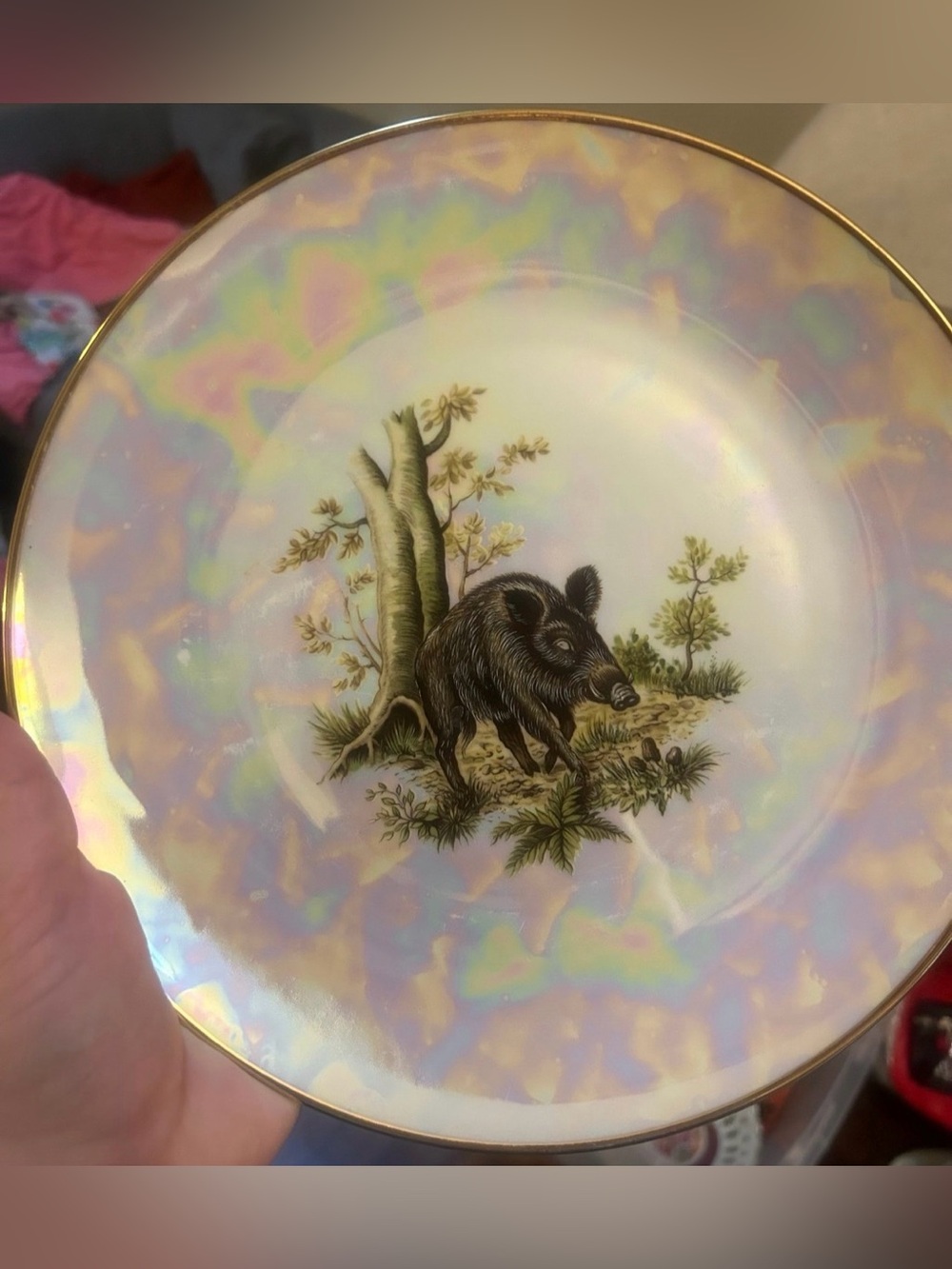 Vintage Edelstein Iridescent White Porcelain Plate with Wild Boar Motif